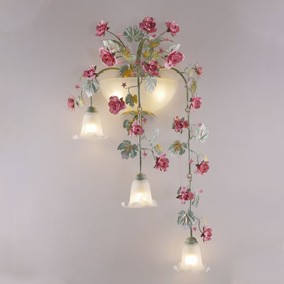 Traditional Rustic Floral Leaf Iron Glass 5-Light Wall Sconce Lamp For Living Room