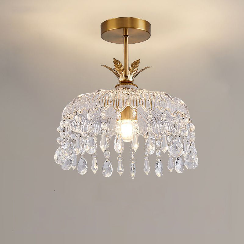 Modern Luxury Round Dome Iron Crystal String Glass Shade 1-Light Pendant Light For Living Room