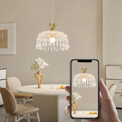 Modern Luxury Round Dome Iron Crystal String Glass Shade 1-Light Pendant Light For Living Room