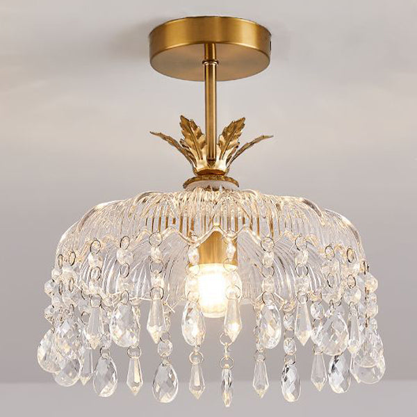 Modern Luxury Round Dome Iron Crystal String Glass Shade 1-Light Pendant Light For Living Room