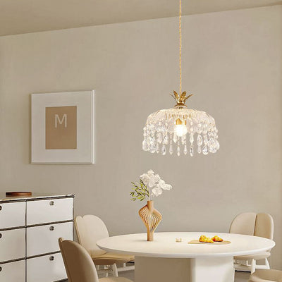 Modern Luxury Round Dome Iron Crystal String Glass Shade 1-Light Pendant Light For Living Room