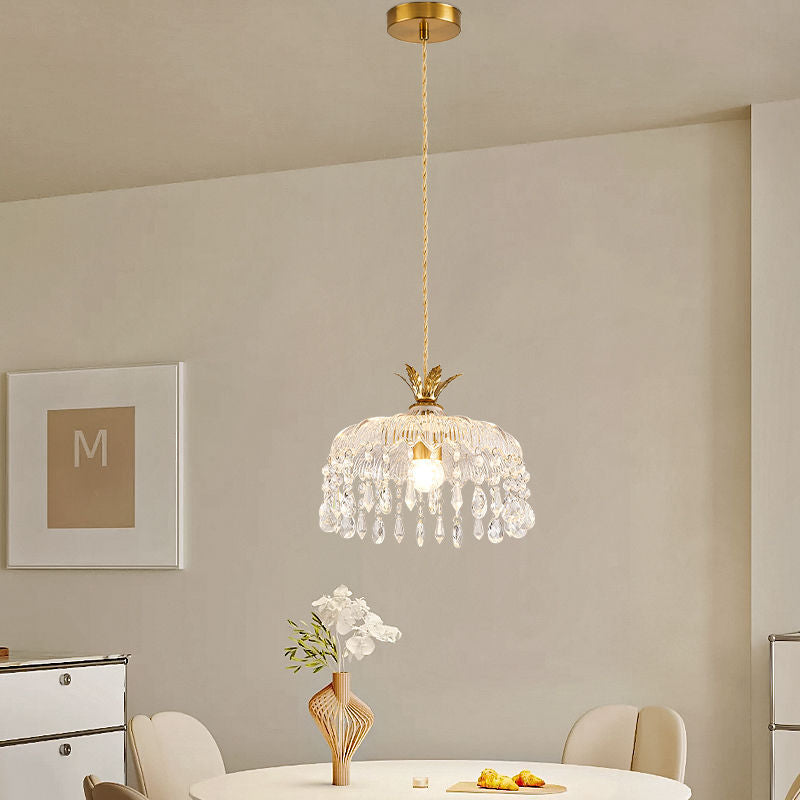 Modern Luxury Round Dome Iron Crystal String Glass Shade 1-Light Pendant Light For Living Room