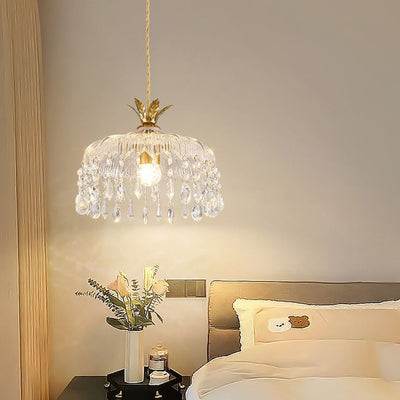 Modern Luxury Round Dome Iron Crystal String Glass Shade 1-Light Pendant Light For Living Room