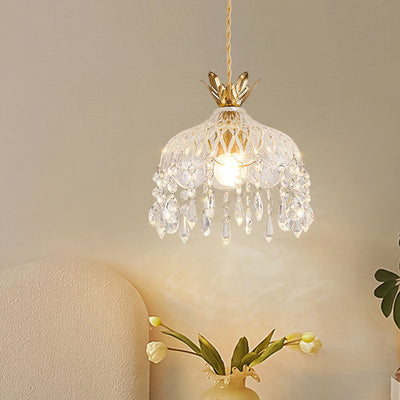 Modern Luxury Round Dome Iron Crystal String Glass Shade 1-Light Pendant Light For Living Room