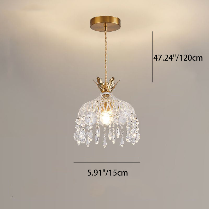 Modern Luxury Round Dome Iron Crystal String Glass Shade 1-Light Pendant Light For Living Room