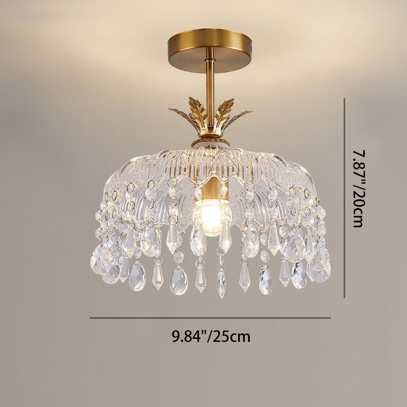 Modern Luxury Round Dome Iron Crystal String Glass Shade 1-Light Pendant Light For Living Room