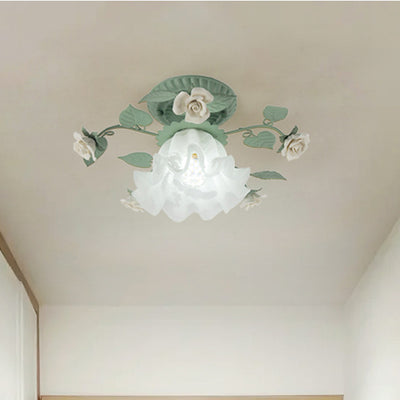 Traditional French Bellflower Leaf Iron Ceramic Glass Shade 1-Light Flush Mount Ceiling Light For Living Room