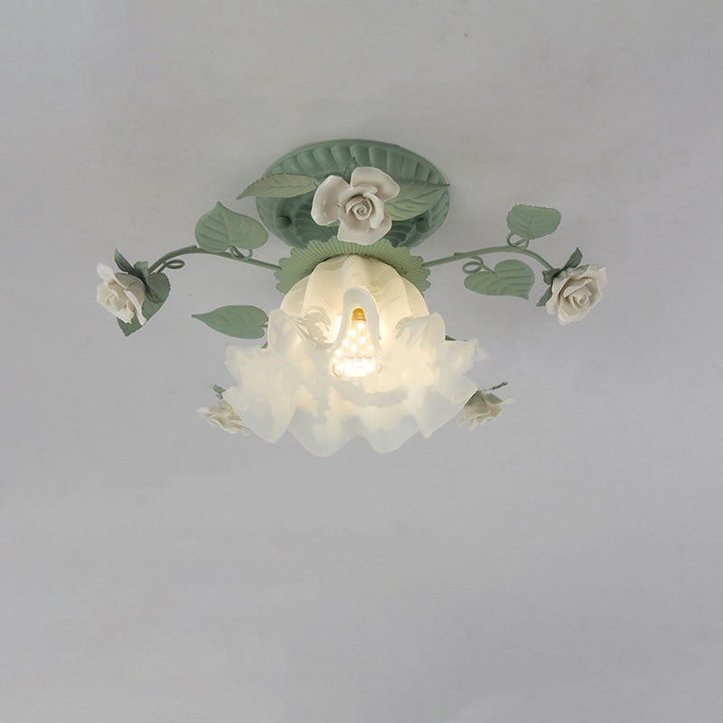 Traditional French Bellflower Leaf Iron Ceramic Glass Shade 1-Light Flush Mount Ceiling Light For Living Room