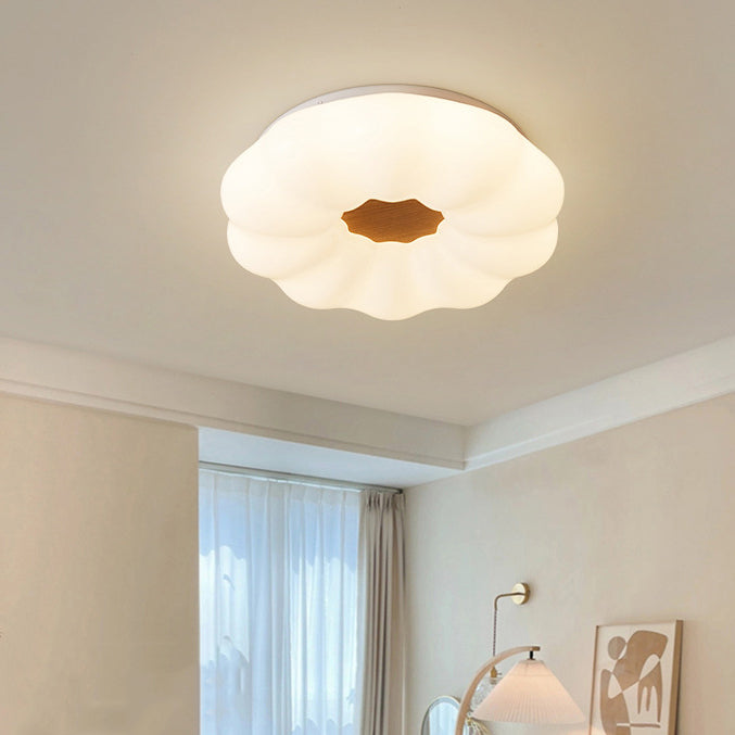 Contemporary Creative Pumpkin Shape Hardware Wood Acrylic Shade LED Flush Mount Ceiling Light For Bedroom