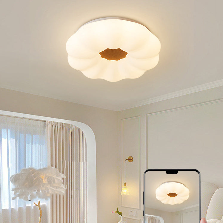 Contemporary Creative Pumpkin Shape Hardware Wood Acrylic Shade LED Flush Mount Ceiling Light For Bedroom