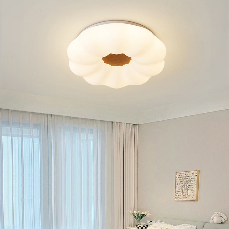 Contemporary Creative Pumpkin Shape Hardware Wood Acrylic Shade LED Flush Mount Ceiling Light For Bedroom