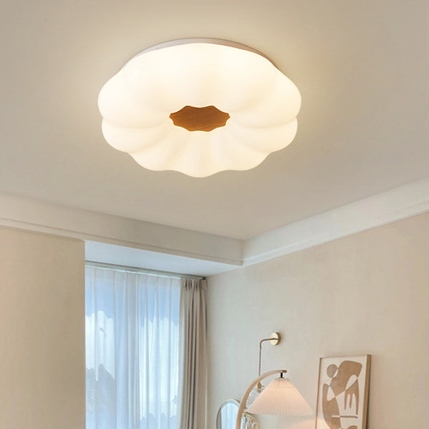 Contemporary Creative Pumpkin Shape Hardware Wood Acrylic Shade LED Flush Mount Ceiling Light For Bedroom