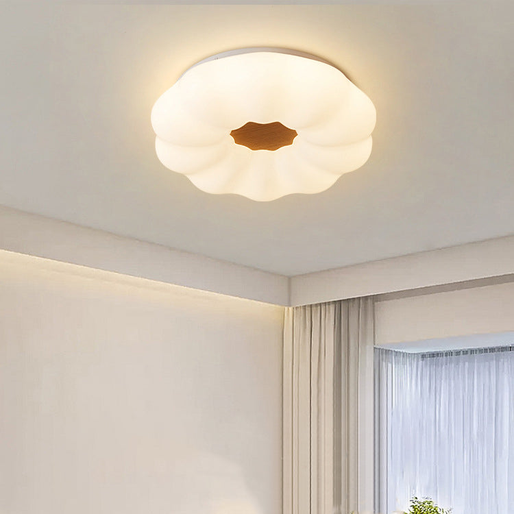 Contemporary Creative Pumpkin Shape Hardware Wood Acrylic Shade LED Flush Mount Ceiling Light For Bedroom