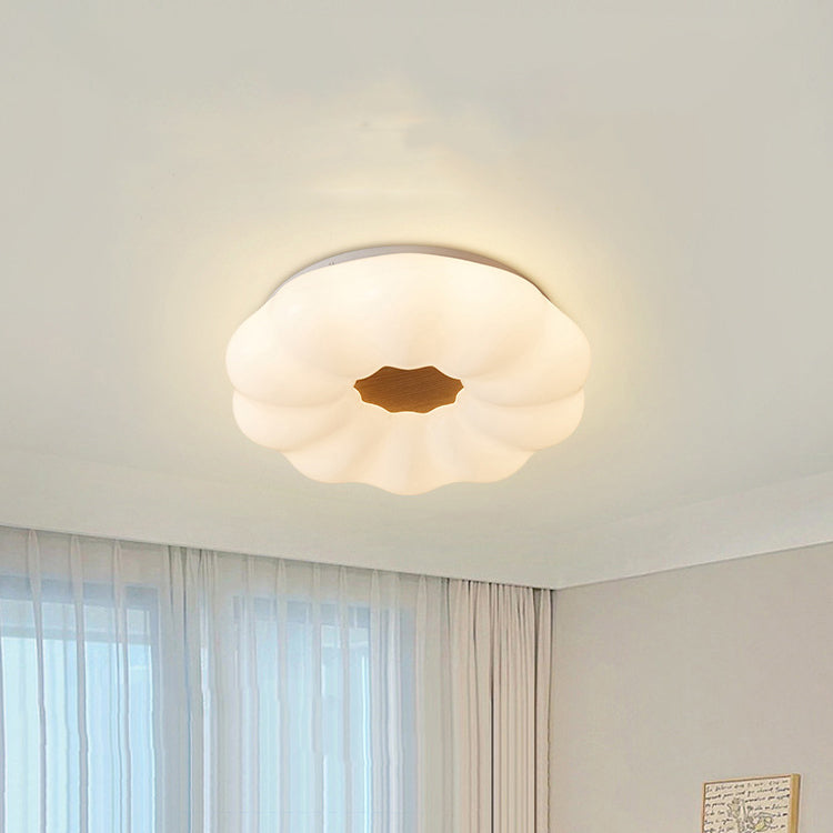 Contemporary Creative Pumpkin Shape Hardware Wood Acrylic Shade LED Flush Mount Ceiling Light For Bedroom