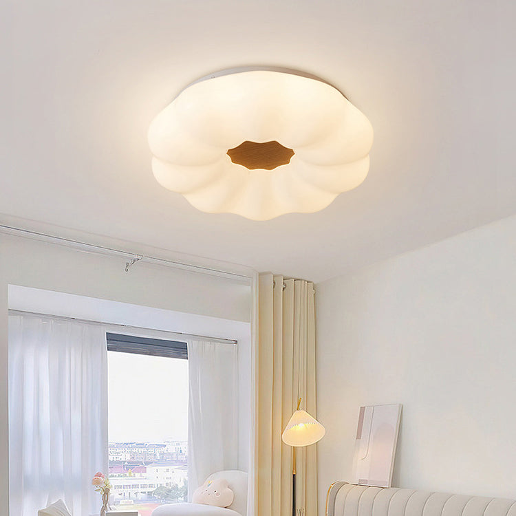 Contemporary Creative Pumpkin Shape Hardware Wood Acrylic Shade LED Flush Mount Ceiling Light For Bedroom