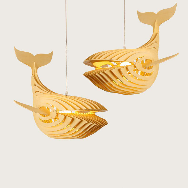 Traditional Chinese Whale Fish Wood 1-Light Chandelier For Dining Room