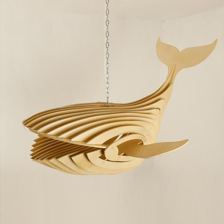 Traditional Chinese Whale Fish Wood 1-Light Chandelier For Dining Room