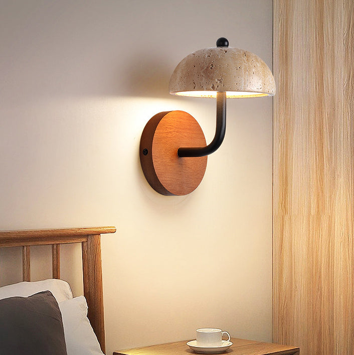 Traditional Japanese Round Half Round Mushroom Shape Yellow Travertine Wooden Frame Acrylic Shade LED Wall Sconce Lamp For Bedroom