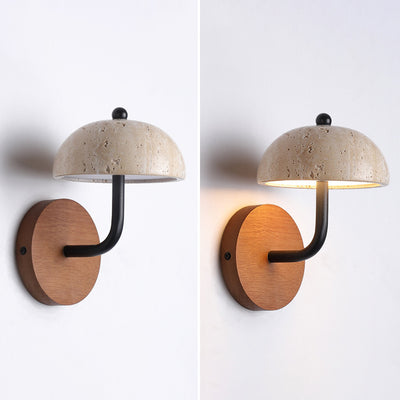 Traditional Japanese Round Half Round Mushroom Shape Yellow Travertine Wooden Frame Acrylic Shade LED Wall Sconce Lamp For Bedroom