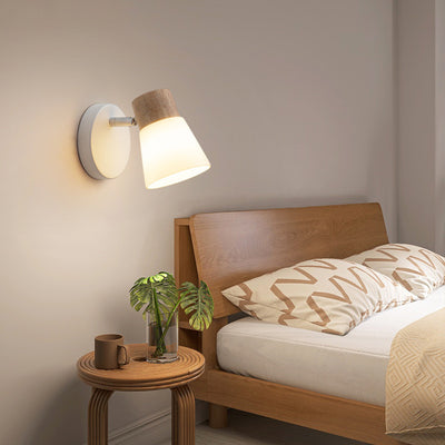 Contemporary Nordic Round Horn Shape Metal Wood Glass Shade 1/2 Light Wall Sconce Lamp For Bedroom