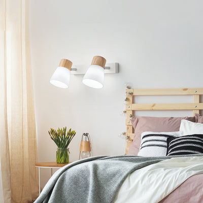 Contemporary Nordic Round Horn Shape Metal Wood Glass Shade 1/2 Light Wall Sconce Lamp For Bedroom