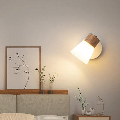 Contemporary Nordic Round Horn Shape Metal Wood Glass Shade 1/2 Light Wall Sconce Lamp For Bedroom