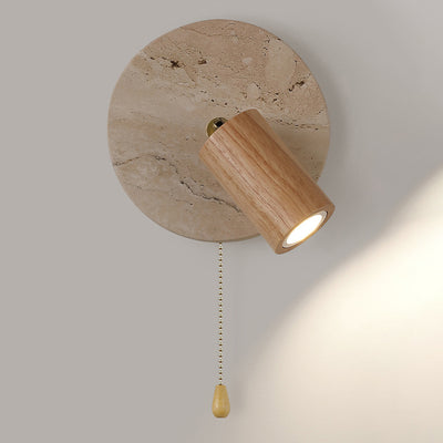 Traditional Japanese Round Cylinder Metal Yellow Travertine Wood Shade LED Wall Sconce Lamp For Living Room