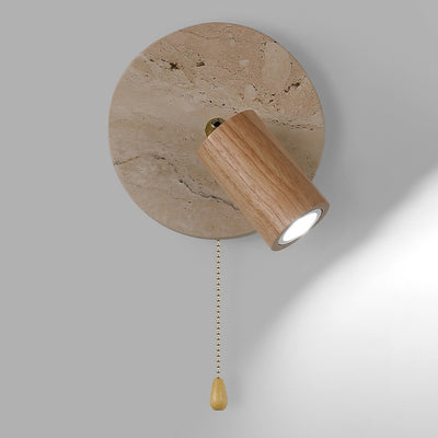 Traditional Japanese Round Cylinder Metal Yellow Travertine Wood Shade LED Wall Sconce Lamp For Living Room