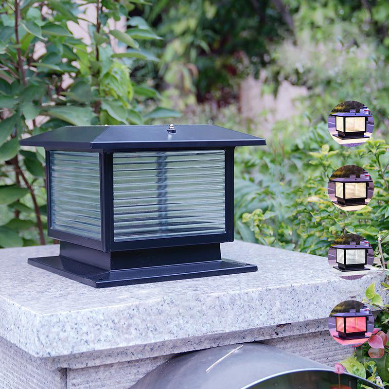 Modern Minimalist Solar Waterproof Rectangular Diamond Stripe Glass Shade Aluminum Frame LED Post Head Light For Garden