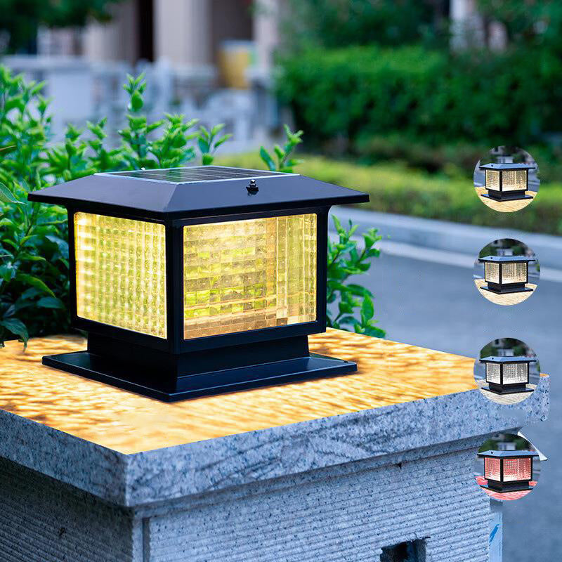 Modern Minimalist Solar Waterproof Rectangular Diamond Stripe Glass Shade Aluminum Frame LED Post Head Light For Garden