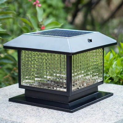 Modern Minimalist Solar Waterproof Rectangular Diamond Stripe Glass Shade Aluminum Frame LED Post Head Light For Garden