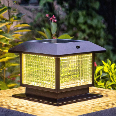 Modern Minimalist Solar Waterproof Rectangular Diamond Stripe Glass Shade Aluminum Frame LED Post Head Light For Garden