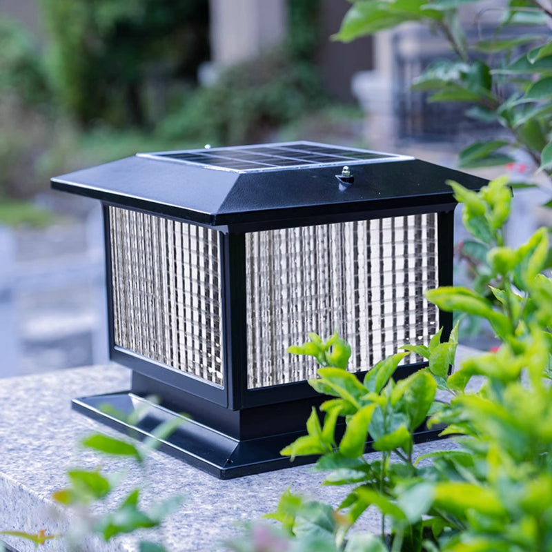 Modern Minimalist Solar Waterproof Rectangular Diamond Stripe Glass Shade Aluminum Frame LED Post Head Light For Garden