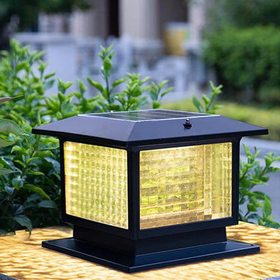 Modern Minimalist Solar Waterproof Rectangular Diamond Stripe Glass Shade Aluminum Frame LED Post Head Light For Garden