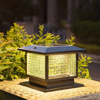 Modern Minimalist Solar Waterproof Rectangular Diamond Stripe Glass Shade Aluminum Frame LED Post Head Light For Garden