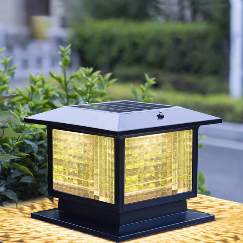 Modern Minimalist Solar Waterproof Rectangular Diamond Stripe Glass Shade Aluminum Frame LED Post Head Light For Garden