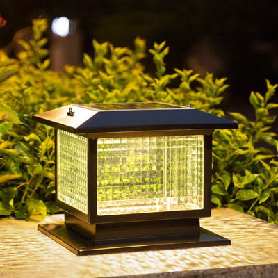 Modern Minimalist Solar Waterproof Rectangular Diamond Stripe Glass Shade Aluminum Frame LED Post Head Light For Garden