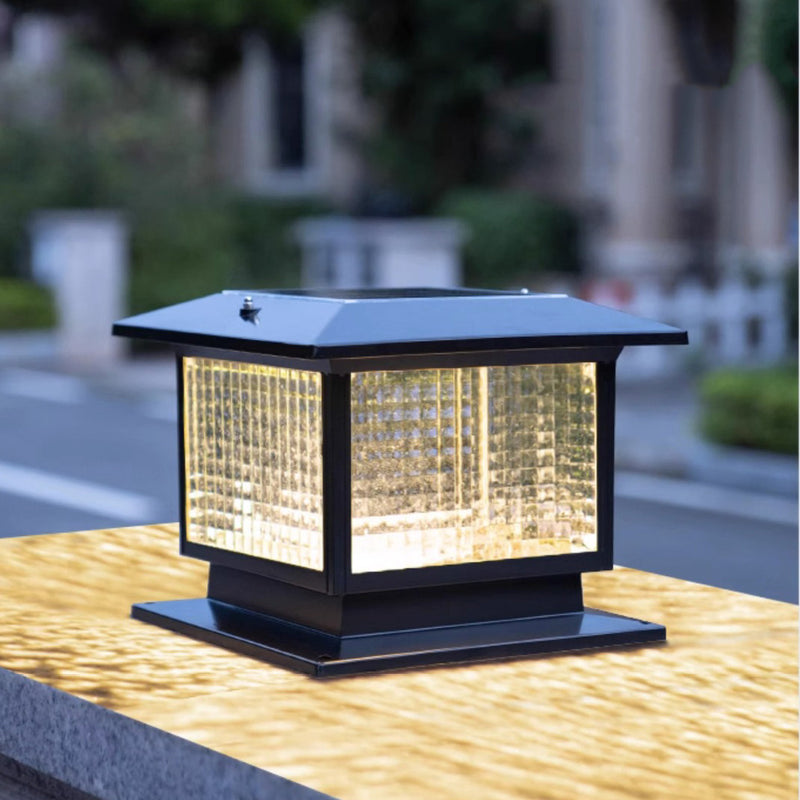 Modern Minimalist Solar Waterproof Rectangular Diamond Stripe Glass Shade Aluminum Frame LED Post Head Light For Garden