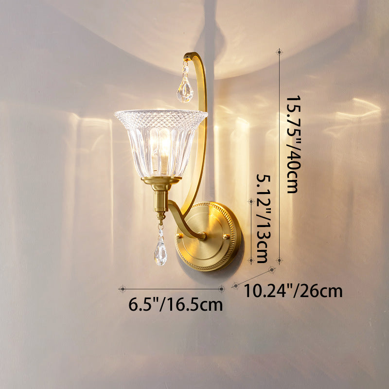 Contemporary Luxury Curved Pole Cup Shape Copper Glass 1-Light Wall Sconce Lamp For Living Room