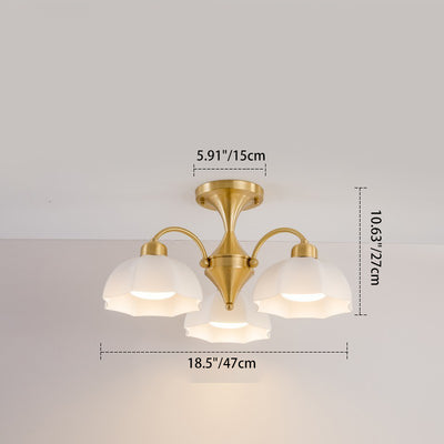 Contemporary Nordic Branch Curved Rod Floral Bowl Copper Glass 3-Light Semi-Flush Mount Ceiling Light For Living Room