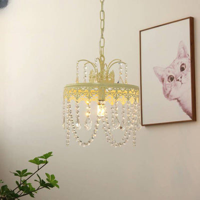 Traditional French Round Branch Crystal String Iron 1-Light Chandelier For Living Room