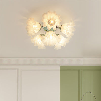 Contemporary Creative Bell Orchid Flower Iron Acrylic Shade 6-Light Semi-Flush Mount Ceiling Light For Bedroom