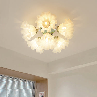 Contemporary Creative Bell Orchid Flower Iron Acrylic Shade 6-Light Semi-Flush Mount Ceiling Light For Bedroom