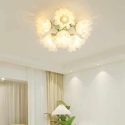 Contemporary Creative Bell Orchid Flower Iron Acrylic Shade 6-Light Semi-Flush Mount Ceiling Light For Bedroom