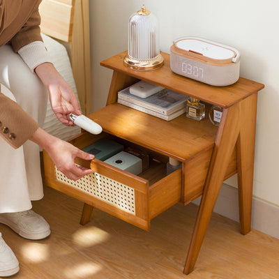 Modern Minimalist Rectangular Bamboo ABS Side Table 2-Tier 1-Storage For Bedroom