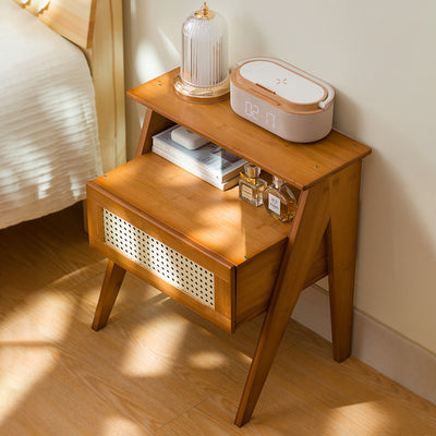 Modern Minimalist Rectangular Bamboo ABS Side Table 2-Tier 1-Storage For Bedroom