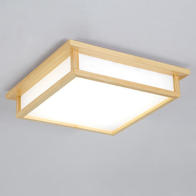 Traditional Japanese Square Wood Acrylic LED Flush Mount Ceiling Light For Bedroom