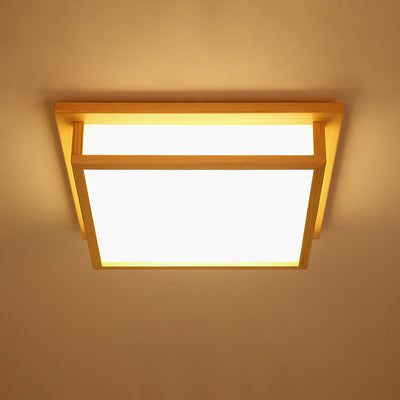 Traditional Japanese Square Wood Acrylic LED Flush Mount Ceiling Light For Bedroom