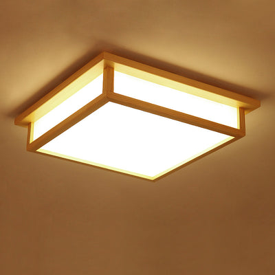 Traditional Japanese Square Wood Acrylic LED Flush Mount Ceiling Light For Bedroom