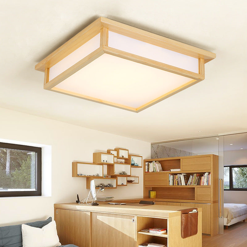 Traditional Japanese Square Wood Acrylic LED Flush Mount Ceiling Light For Bedroom